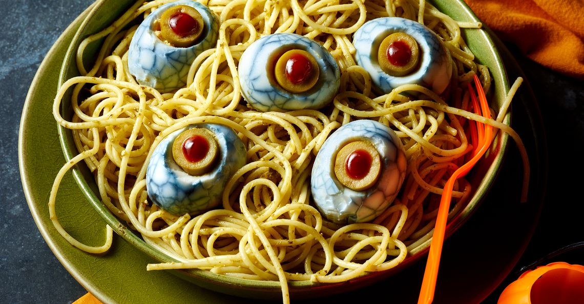 Spooky Egg eyeballs pesto pasta