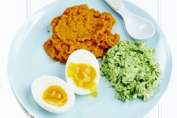 Sweet potato mash with soft boiled egg and broccoli puree