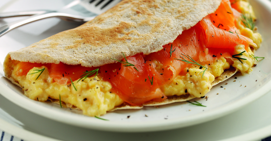Oat pancakes with smoked salmon and eggs