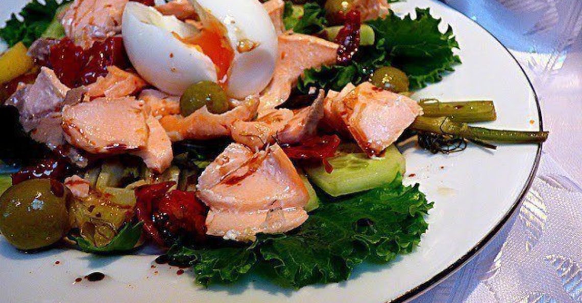 Poached salmon salad with soft boiled eggs