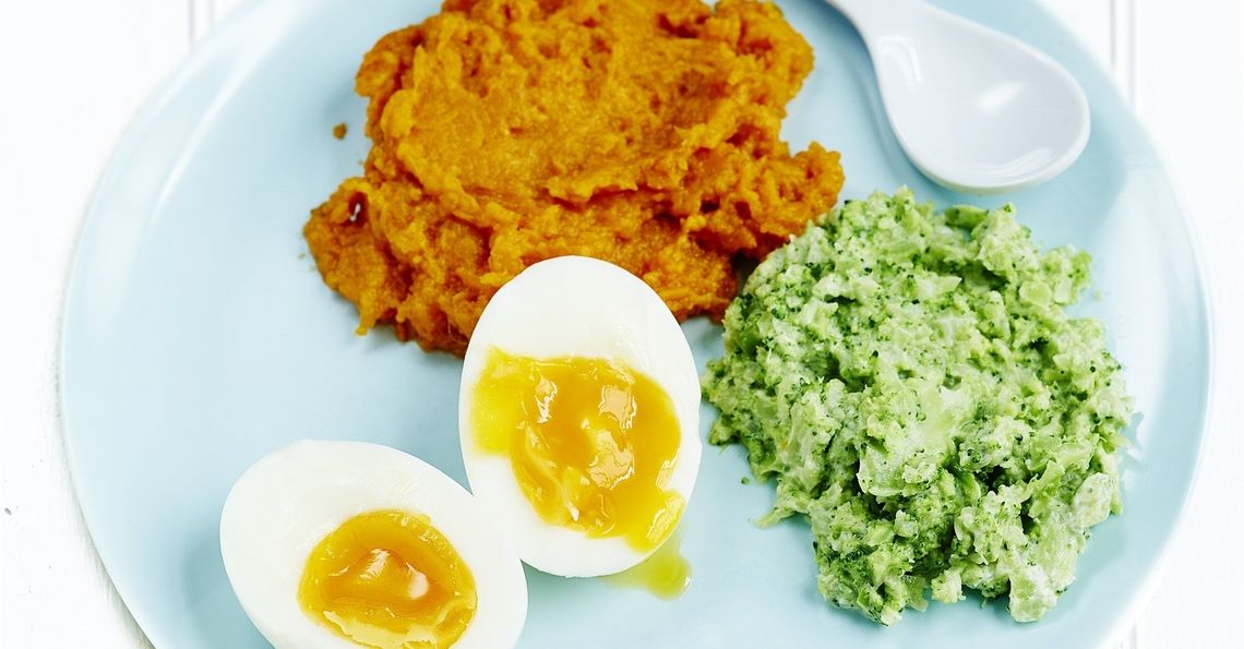 Sweet potato mash with soft boiled egg and broccoli puree