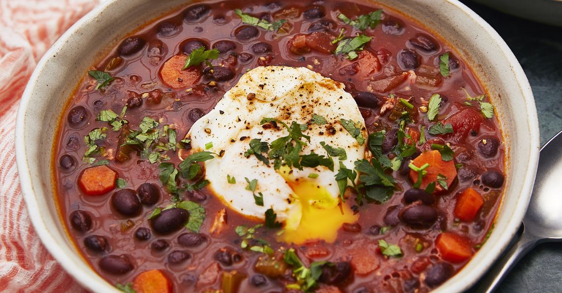 Black bean soup with poached egg