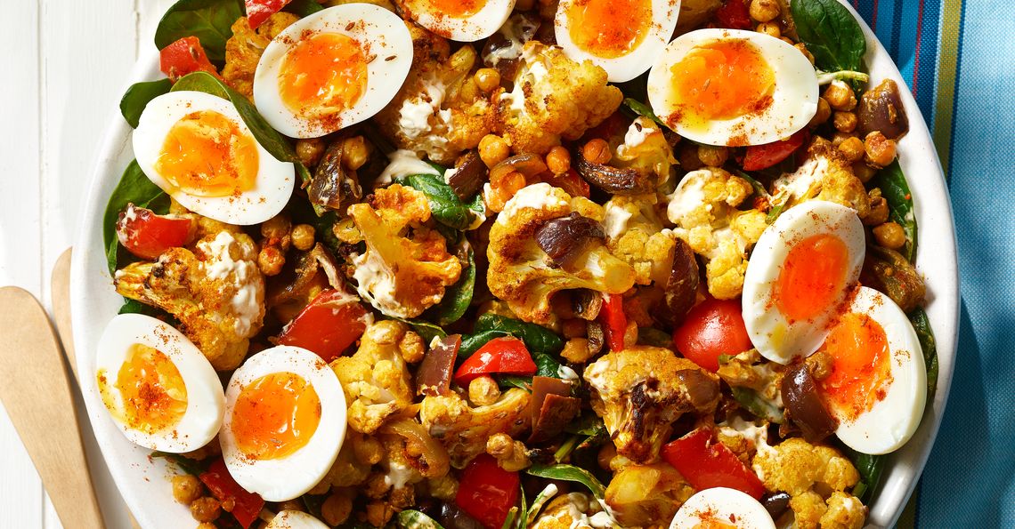 Spiced egg, roasted cauliflower and chick pea salad